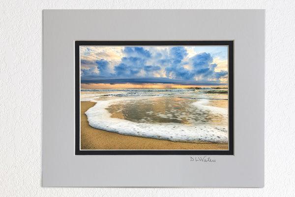 5 x 7 luster prints in a 8 x 10 ivory and black double mat of  Surf foam rolling in and a rain storm out to sea on the Outer Banks of NC.