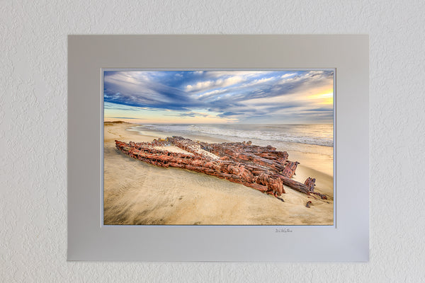 13 x 19 luster print in 18 x 24 ivory ￼￼mat of The G. A. Kohler shipwreck found on a Hatteras Island beach near Avon North Carolina.