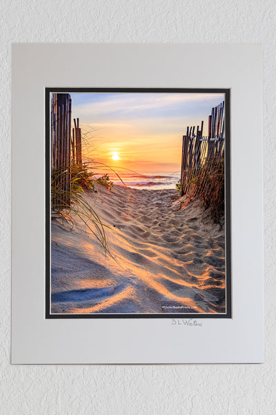 8 x 10 luster print in a 11 x 14 ivory and black double mat of Kitty Hawk beach access at sunrise on the Outer Banks, NC. It's interesting how the sunlight plays across the foot prints in the sand.