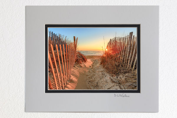 5 x 7 luster prints in a 8 x 10 ivory and black double mat of  Sunrise over the Atlantic Ocean at Kitty Hawk Beach on the Outer Banks of NC.