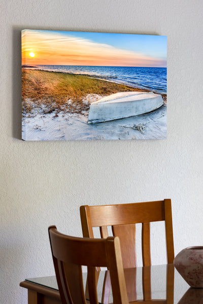 20"x30" x1.5" stretched canvas print hanging in the dining room of Overturned boat at sunset on Cape Hatteras Island.