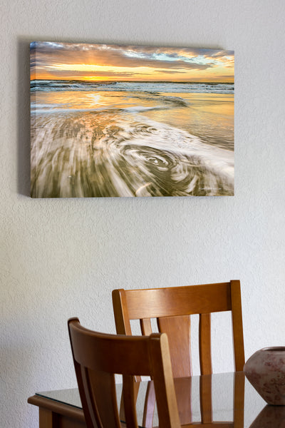 20"x30" x1.5" stretched canvas print hanging in the dining room of Cloudy sunrise at Carova Beach on the northern Outer Banks.