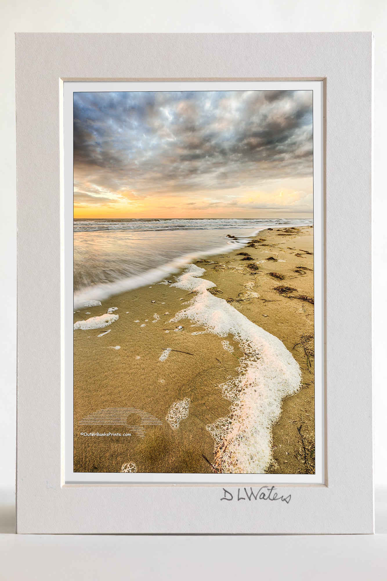 4 x 6 luster print in a 5 x 7 ivory mat of Cloudy sunrise at Carova Beach on the northern Outer Banks.