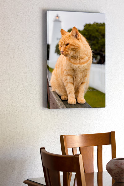 20"x30" x1.5" stretched canvas print hanging in the dining room of Yellow tabby keeps watch over Ocracoke Lighthouse as the morning storm clears.
