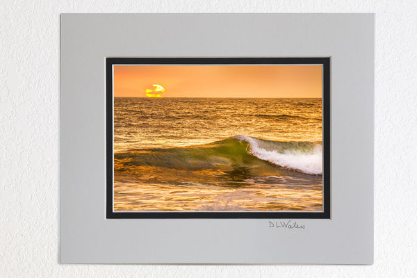 5 x 7 luster prints in a 8 x 10 ivory and black double mat of  Picture of a golden sunrise at a Outer Banks beach.