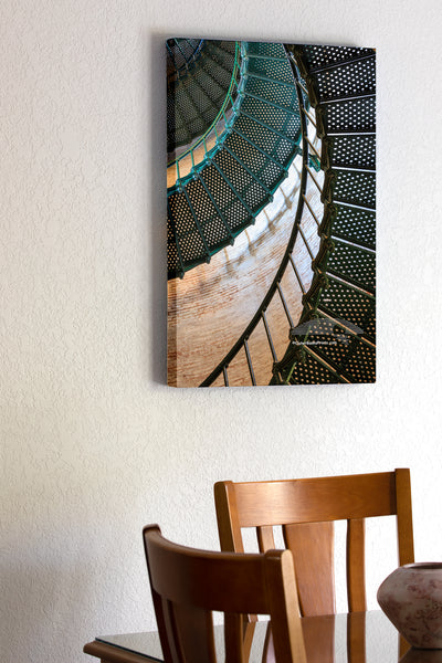 20"x30" x1.5" stretched canvas print hanging in the dining room of Pattern of spiral staircase inside Currituck Beach Lighthouse in Corolla North Carolina.
