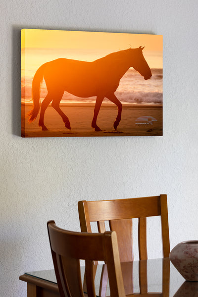 20"x30" x1.5" stretched canvas print hanging in the dining room of Wild horse trotting down the beach, silhouetted on the beach in front of surf at sunrise in Carova Beach, NC on the Outer Banks.