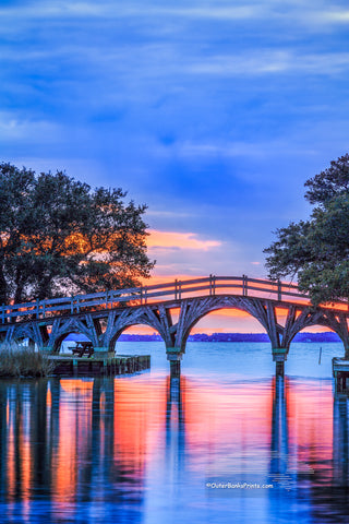 Twilight reflection of the wooden bridge that connects the Whale Head Club to Currituck Beach Lighthouse.