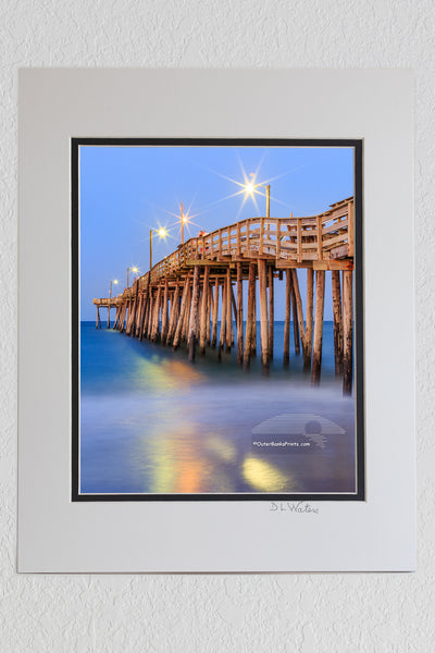 5 x 7 luster prints in a 8 x 10 ivory and black double mat of  Nags Head Fishing Pier at twilight on the Outer Banks.