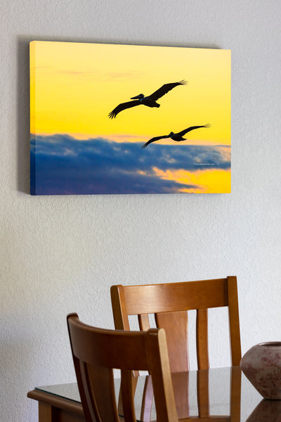20"x30" x1.5" stretched canvas print hanging in the dining room of Two pelicans silhouetted, flying through a colorful sunrise sky on the Outer Banks of North Carolina.