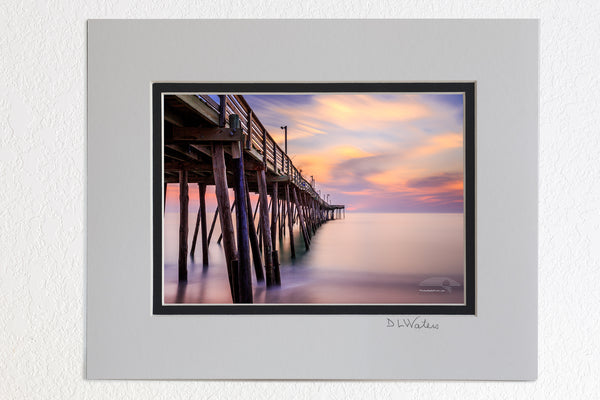 5 x 7 luster prints in a 8 x 10 ivory and black double mat of  A long, 181 second, exposure of Avalon Fishing Pier on the Outer Banks, NC.