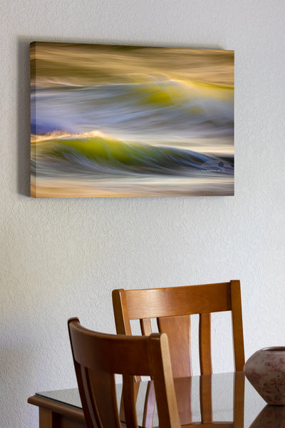20"x30" x1.5" stretched canvas print hanging in the dining room of Photographed with a long exposure capturing the light playing off of the moving surf at Kitty Hawk, NC on the outer Banks.