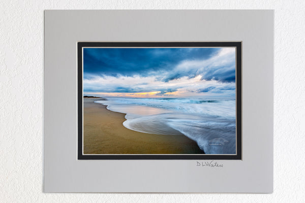 5 x 7 luster prints in a 8 x 10 ivory and black double mat of  Early morning sky over the beach at Ocracoke Island on the Outer Banks, NC.